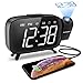 ELEGIANT Projection Alarm Clock, FM Radio Alarm Clock, 6.0'' LED Curved-Screen Display with Dimmer 180° Adjustable Dual Alarm, 12/24Hour, Battery Backup, 7 Alarm Sounds with USB Charger for Bedroom