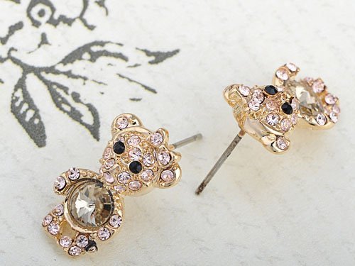 Alilang Brass Tone Princess Girly Teddy Bear Bow Crystal Rhinestone Element Earrings