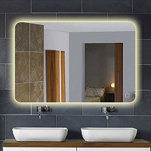 LINSGROUP Xmas Promo Vanity Bathroom Home/Office LED Lighted Mirror Hanged Two-Way Frameless Backlit Wall Mirror Anti-Fog with Touch Button (32"X24", Yellow Light)
