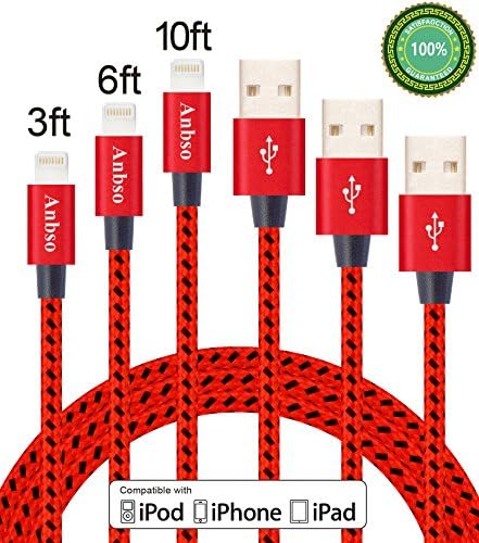 Anbso 3Pack 3FT 6FT 10FT Lightning USB Cable Nylon Braided Sync Data and Charging Cable Cord for iPhone 7/7 plus/6/6s/6 plus/6s plus,5c/5s/5/SE,iPad /Touch.(red black)