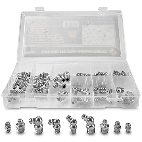 Katzco Grease Fittings - 70 Piece Hydraulic Grease Fitting Assortment, Steel Construction Kit, Hardware Kit Set - Steel Straight and Angled Assorted Kit