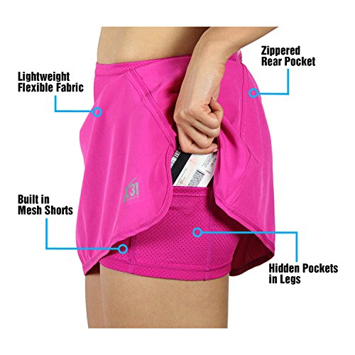 X31 Sports Running Skirt, Tennis Skort with Mesh Shorts and Zipper Pocket for Workout, Golf, Gym by (Pink, Large)