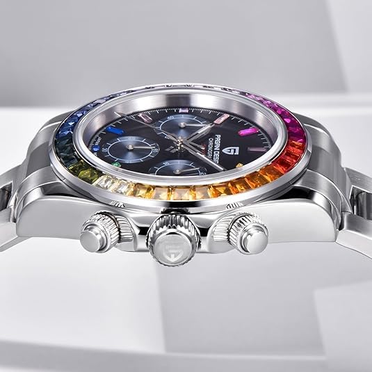 RollsTimi Pagani Design PD1644 Men’s Quartz Chronograph Watch VK63 Movement, Sapphire Crystal, Rainbow Bezel, Stainless Steel, 100M Water Resistant Sports Wristwatch