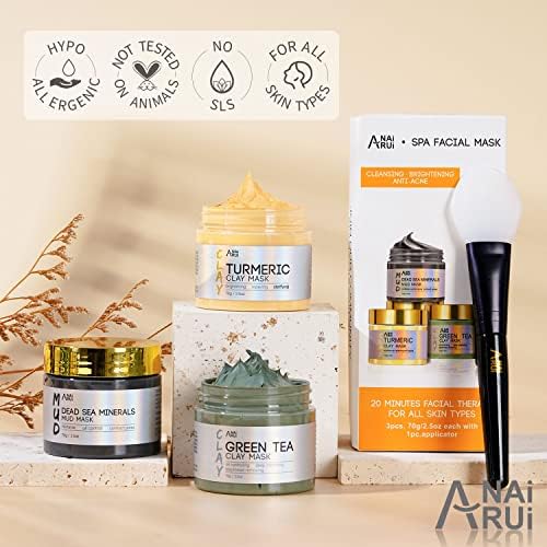 Kurkuma Gesichtsmaske - Grüner Tee Ton Maske - Totes Meer Mineralien Schlamm Masken, Spa Gesichtsmasken Set für Tiefenreinigung, Entgiftung, Akne und Mitesser, 210 g