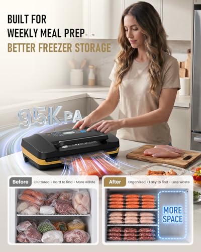 Commercial Vacuum Sealer Machine,95KPa Food Vacuum Sealer Machine,18-in-1 Scelleuse Sous Vide with Double Heat Seal, Dry Moist Damp Modes, Built-in Cutter & Roll Storage,Easy-Lock Handle for Sous Vide