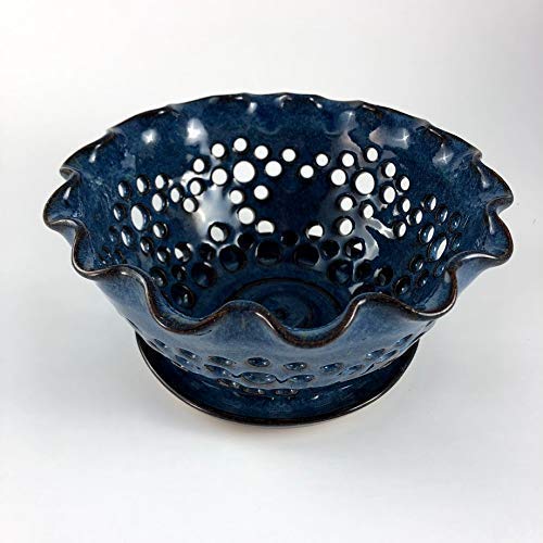 Blue Berry Bowl with Attached Saucer Handmade Pottery Handmade