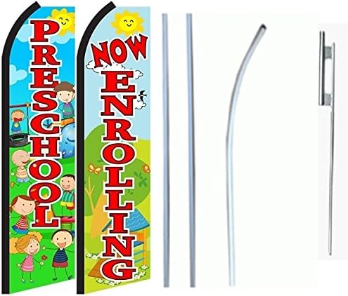 Preschool Now Enrolling Standard Size Swooper Feather Flag Sign with Full Assembly Pole and Ground Spike Pk of 2