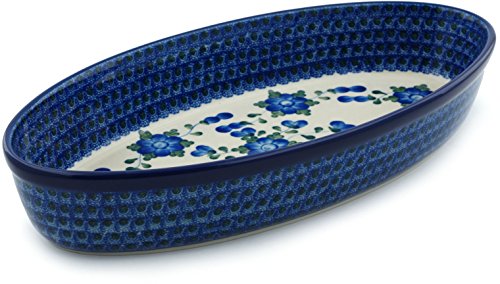 Click Here to See More Images Polish Pottery Oval Baker 15-inch Blue Poppies made by Ceramika Artystyczna