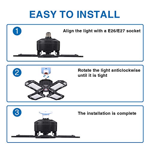 LETOUR LED Garage Lights, 120W LED Ceiling Light with E27 Screw Socket 10000LM Garage Lighting, 4 Adjustable Panels for Garage, Warehouse, Workshop