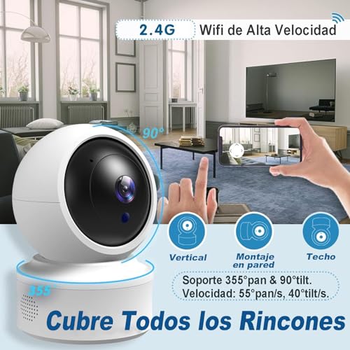 BAKEWAY 2K HD Cámara de Seguridad Interior, 3MP Cámara Wi-Fi de Seguridad Interior, con Visión Nocturna Audio Bidireccional y Detección de Movimiento 360 Grados para Hogar Bebé Mascota etc