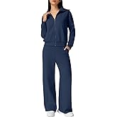 QINSEN Women's Cotton 2 Piece Outfits Lapel Long Sleeve Zip Up Sweatshirt Wide Leg Pants Matching Tracksuit Sets