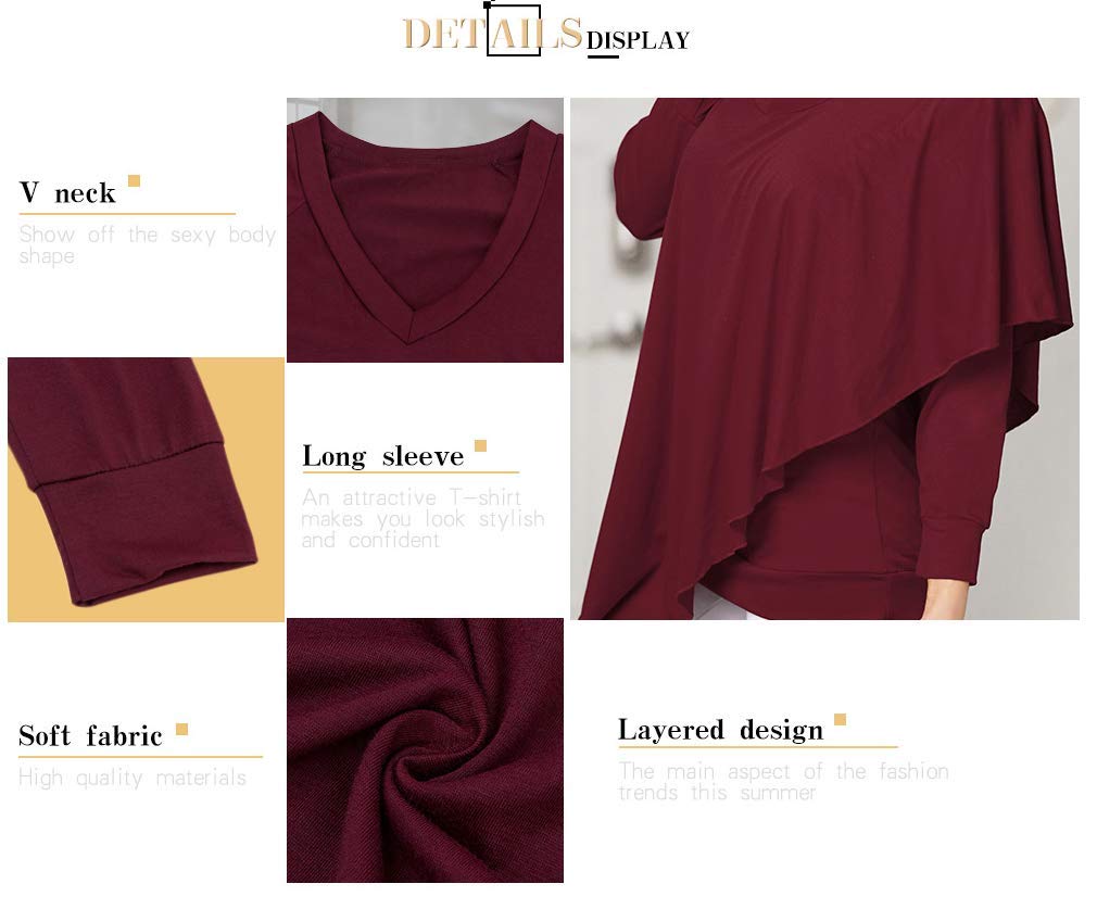 ENIDMIL Women\'s Casual Loose Long Sleeve Blouse Irregular Top V Neck T-Shirt (Wine Red, L)