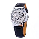 ShoppeWatch Mens Mechanical Skeleton Watch Hand Wind Up Movement Silver Dial Black Leather Strap MW-07