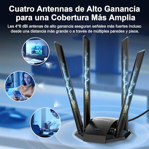 NEWFAST USB WiFi Adapter for PC, 4 x 6dBi High Gain Antenna, AC1300 Dual Band 5GHz&2.4GHz USB WiFi Antenna for PC Compatible Windows XP/7/8/8.1/10/11