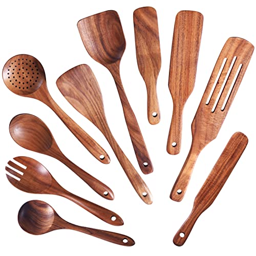 Wooden Spoons for Cooking,GUDAMAYE 10 PCS Wooden Kitchen Utensils Set,Wooden Cooking Utensils For Non-stick Pan,Teak Wood Utensils Set,Spurtles Kitchen Tools As Seen On Tv