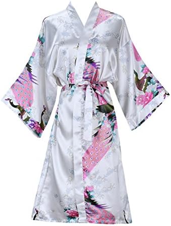 ellenwell Women's Kimono Robe Peacock & Blossoms Satin Nightwear