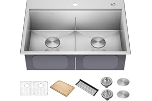 KRAUS Kore 30-Inch Drop In/Top Mount Workstation 16 Gauge 50/50 Double Bowl Stainless Steel Kitchen Sink with Accessories, KWT302-30
