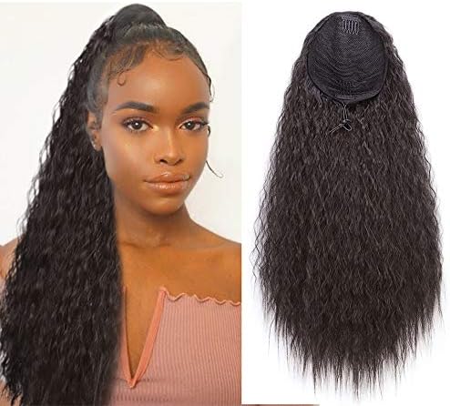 Stamped Glorious 22 Inch Long Curly Wave Ponytail Extension Synthetic Drawstring Extensions Heat Resistant Corn Wavy Ponytail Extensions Hair Pieces for Women(4#)