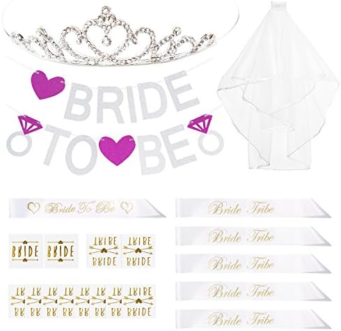Bachelorette Party Decoration Kit Bride To Be Bridal Shower Supplies Bride to Be Sash, Rhinestone Tiara,Silver Banner,Bride Veil,10 Golden Flash Tattoos