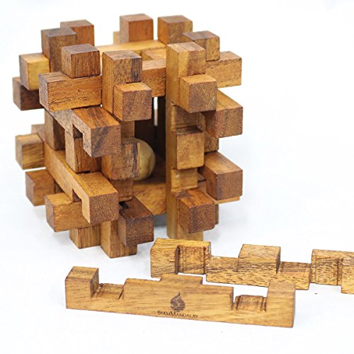 SiamMandalay Double Lock-a-Ball: Handmade & Organic 3D Wooden Puzzle for Adults from with SM Gift Box(Pictured)