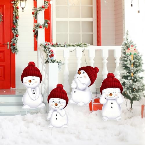 4PCS Snowman Yard Stakes 16in, Four Different Designs,Christmas Outdoor Decorations, 2D Flat Printing, Festive Garden and Lawn Display (White)