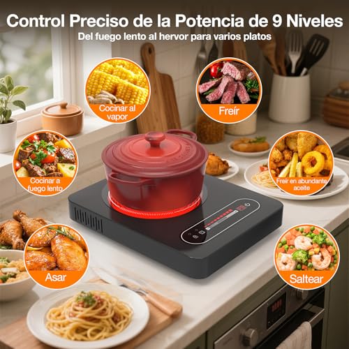 GTKZW Portable Ceramic Hob 2000W, Electric Stove 1 Fire 36 cm | Double Ring with 9 Power Levels and Timer, Compatible with All Utensils, for Camping and Small Kitchen