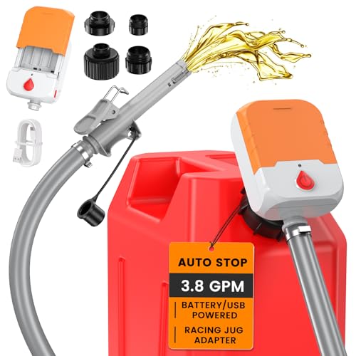 Fuel Transfer Pump with Auto-Stop,3.8 GPM Flow, 51'' Heavy Duty PVC Hose, Battery or USB Powered Gas Can Pump with 4 Can Adapters, No Spill Sensor, Portable Fuel Pump for Oil, Diesel, Gasoline
