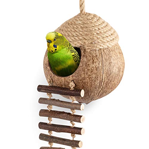 andwe Coconut Bird Nest Hut with Ladder for Parrots Parakeet Conures