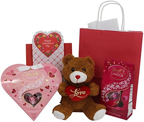 Valentines Day Gifts For Kids or Her-Lindt Lindor Milk and White Chocolate Truffles 3.4oz, Raspberry and Dark Chocolate 5.1oz, Card, Gift Bag, Tissue Paper, and 8 inch Brown Teddy Bear