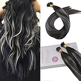 Moresoo 14 inch Pre-bonded Stick I tip Hair Extensions 50strands/50g Balayage Colorful Off Black to Grey Silver I Tip Remy Human Hair Extensions Remy Human Hair Extensions