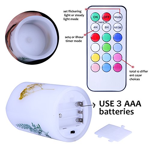 Set of 3 Flameless LED Candles Color Changing Flicker,Light Mode Option Real Handmade butterflies and plant specimens with Timer and 18-key Remote for Mother's Day,Wedding,Votive,Yoga and Decoration