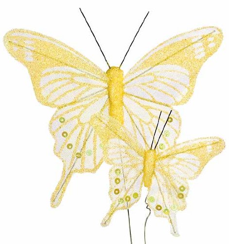 Package of 12 Delicate and Detailed Nylon Yellow Butterflies with Glitter and Sequin Embellishments