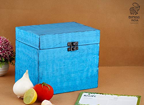 Eximious India Wooden Recipe Card Box Family Recipe Organizer Storage Box Fits 4 x 6 inch Recipe Cards, Blue - Thumbnail 6