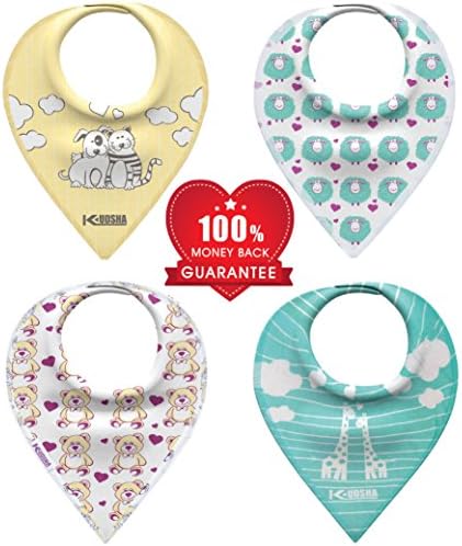 Kudsha Baby Bandana Drool Bibs, with 3 snaps, Perfect for Teething, Spit-up, Dribble, Drool, Unisex 4 Pack Gift Set for Boys and Girls, Absorbent Cotton