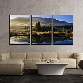 3 Piece Canvas Wall Art - Landscape with Mountain and Lake at Daylight - Modern Home Art Stretched and Framed Ready to Hang - 16"x24"x3 Panels