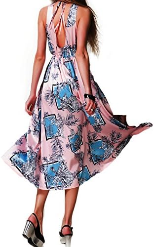 Women's Halter V Neck Split Backless Prom Party Floral Print Flowy Shift Casual Maxi Dress Pink
