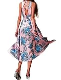 Women's Halter V Neck Split Backless Prom Party Floral Print Flowy Shift Casual Maxi Dress Pink