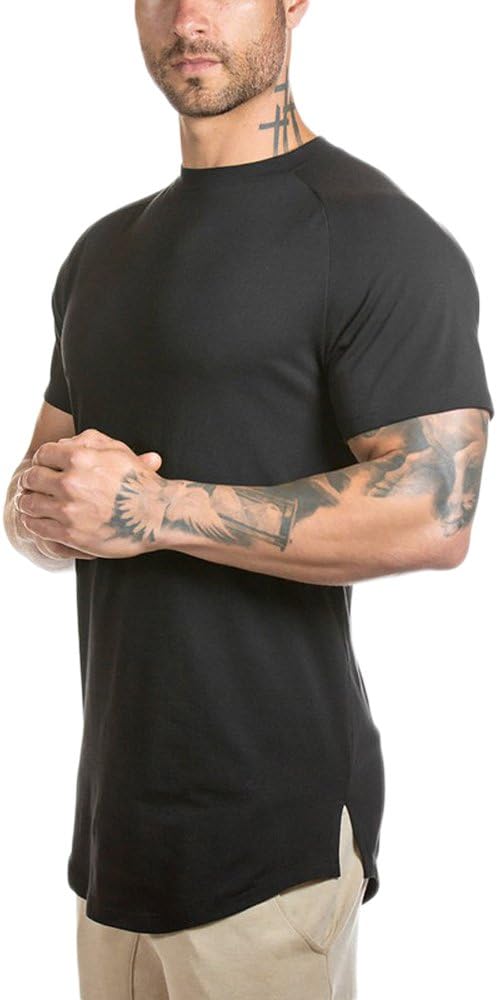 Mens Slim Fitted Gym Athletic T-Shirt Longline Raglan Sleeve Curved Hem Shirts Tees