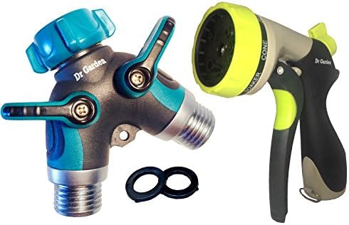 2 Way Garden Hose Splitter and 8 Function Zink Nozzel Kit | y valve hose connector plus 100% full zink body nozzel - 365 day guarantee