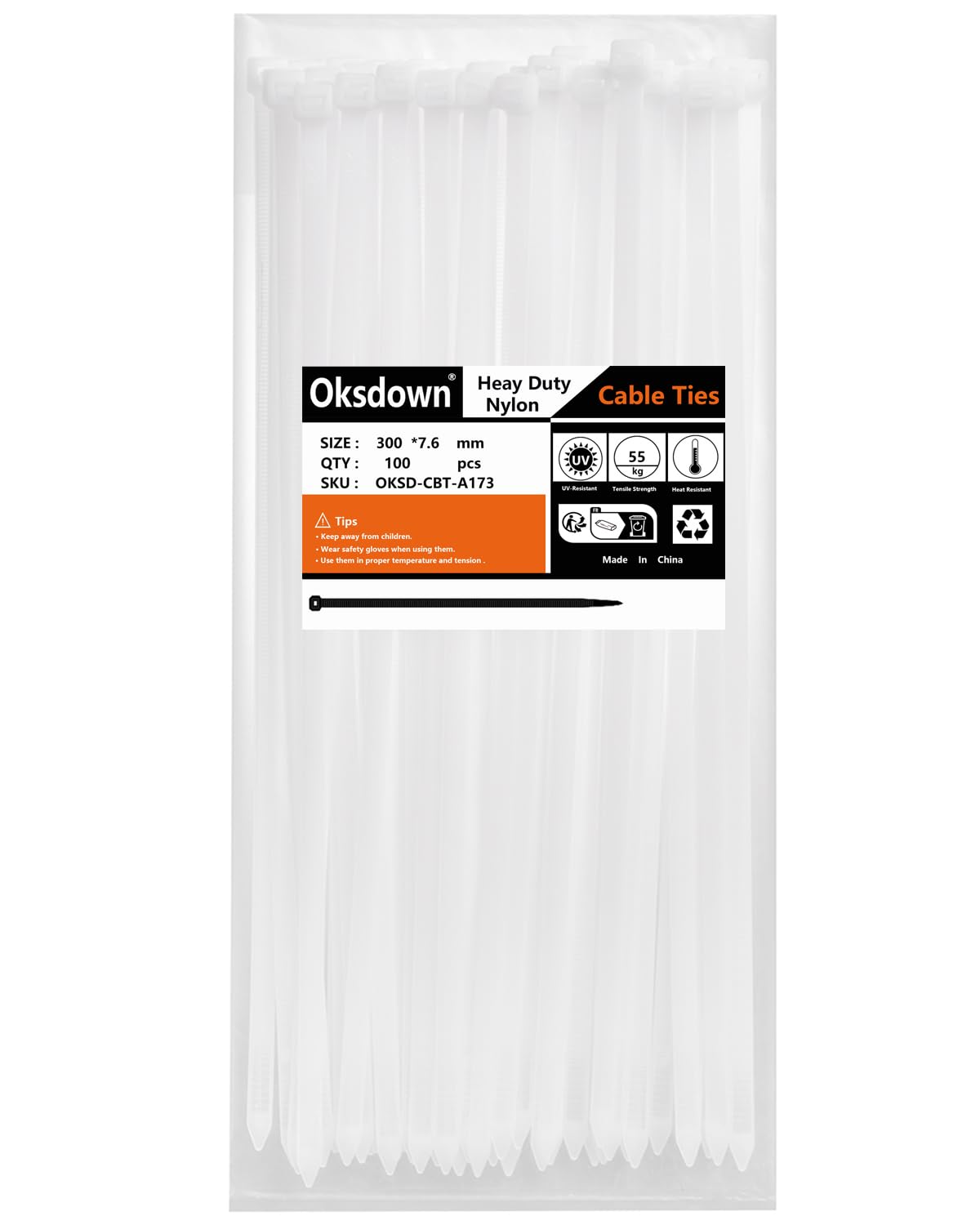 Oksdown 100 Pack White Thick Cable Ties Heavy Duty Large 300mm×7.6mm Strong Clear Nylon Plastic Self Locking 12 inch/30 cm Zip Tie Wraps