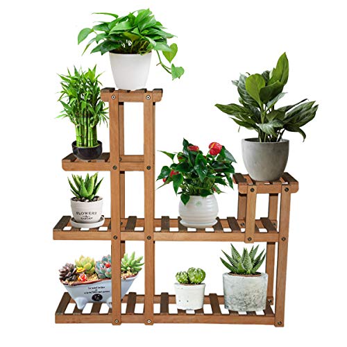 Pine Wood Plant Stands, Astory Flower Rack Plant Stand Multi Layer Vertical Planter Holder Flower Shelf Rack Balcony Patio Yard Indoor Outdoor Flower Ladder Stair Storage Shelf (4 Tiers 10Flowerpots)