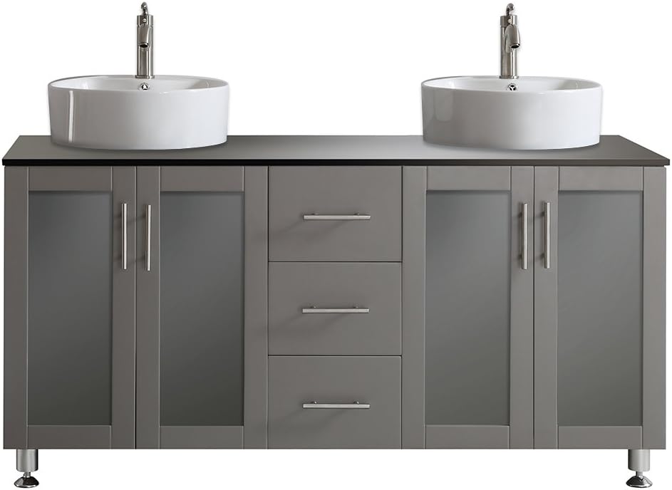 Vinnova 745060-GR-BG-NM Tuscany 60" Double Vanity in Grey with White Vessel Sink with Glass Countertop without Mirror