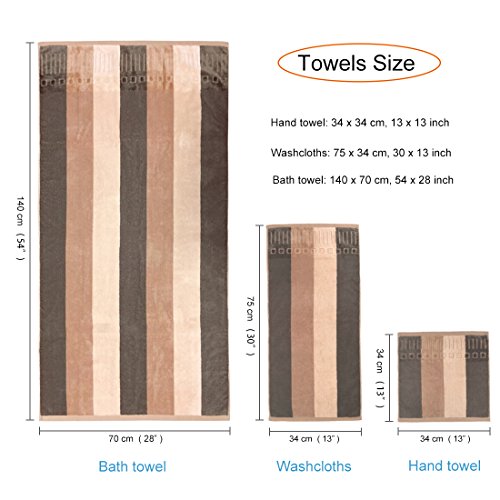 Years Calm 3 Pack Cotton Towel Sets Eco Friendly Soft Absorbent Striped Hand Towel, Washcloths and Bath Towel for Hotel Spa Bathroom (Beige) - Thumbnail 5