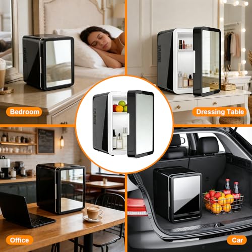 VANZBON Mini Fridge, Mini Compact Refrigerator with Gaming Light, 4 Liter/6 Cans Small Refrigerator with Mirror Door, AC/DC Portable Mini Cooler and Warmer Fridge for Bedroom, Car and Gaming Room