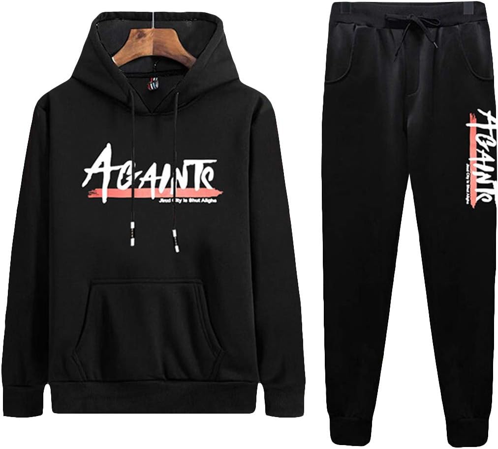 Men's Casual 2 Piece Outfits Long Sleeve Hooded Sweater Top& Pants Jumpsuit Set