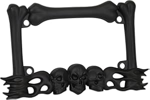 TC Sportline LPF260-BK 3D Skull Flames and Bones Style Zinc Metal Matte Black Finished Motorcycle License Plate Frame