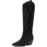 DREAM PAIRS Cowgirl Boots Women Knee High Cowboy Boots Pointed Toe Chunky Block Heel Suede Tall Western Boots with Embroidered