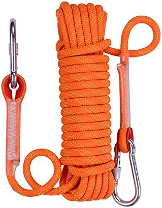 Outdoor Static Rock Climbing Rope,12mm Diameter (10m,32ft)(15m,49ft)(20m,64ft) Rescue Equipment Cord with 2 Hooks,Fire Rescue Survival Safety Rope,Max Tension 660 Lbs (Orange, 49.0 Feet)