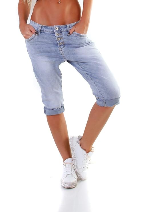 OSAB-Fashion 10980 LEXXURY Damen Capri Jeans Hose Boyfriend Haremsjeans Knopfleiste Slimfit Stretch-Denim