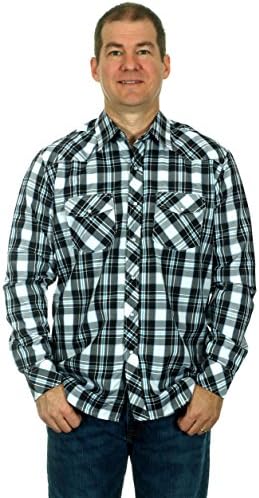 Mens Western Long Sleeve Pearl Snap Plaid Shirt (XXL, Black/Blue)